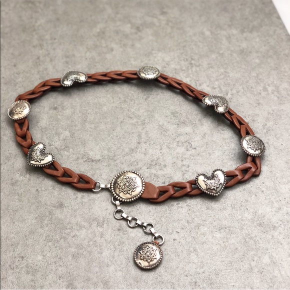 Accessories - Vintage Brown Woven Leather Silver Buckle Belt